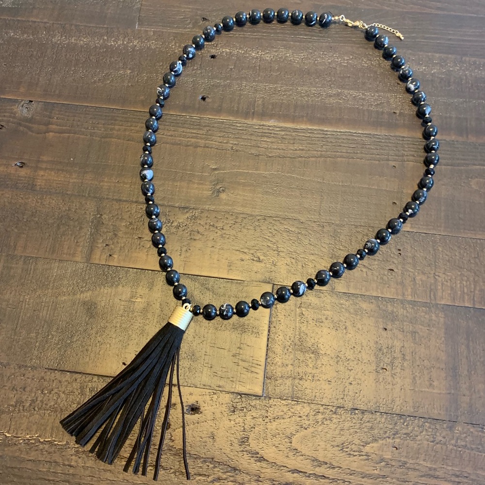 Onyx Beaded Tassel Necklace